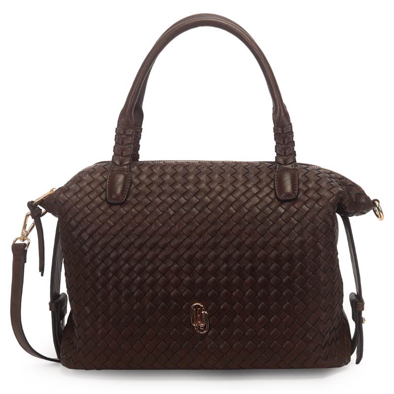 Bolsa baú feminina WJ marrom café em material sintético texturizado com alças duplas e detalhes dourados